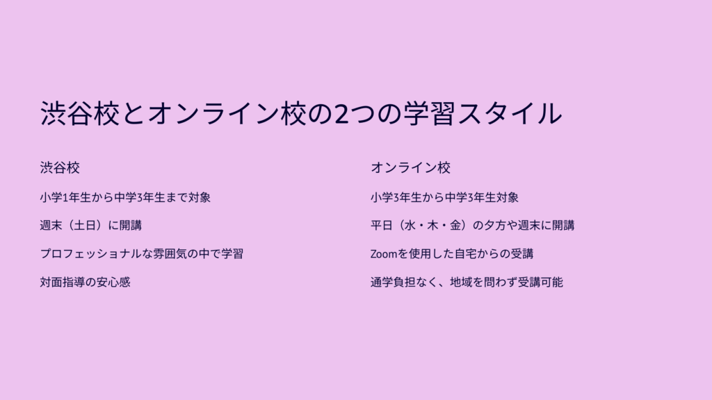 渋谷校とオンライン校の2つの学習スタイル