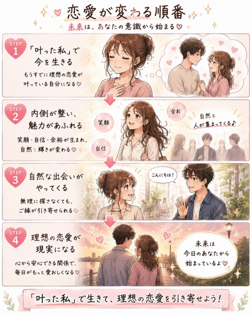 引き寄せの法則で恋愛を叶える方法|「叶った私」が理想の恋愛を引き寄せる理由 7 引き寄せの法則で恋愛を叶える方法